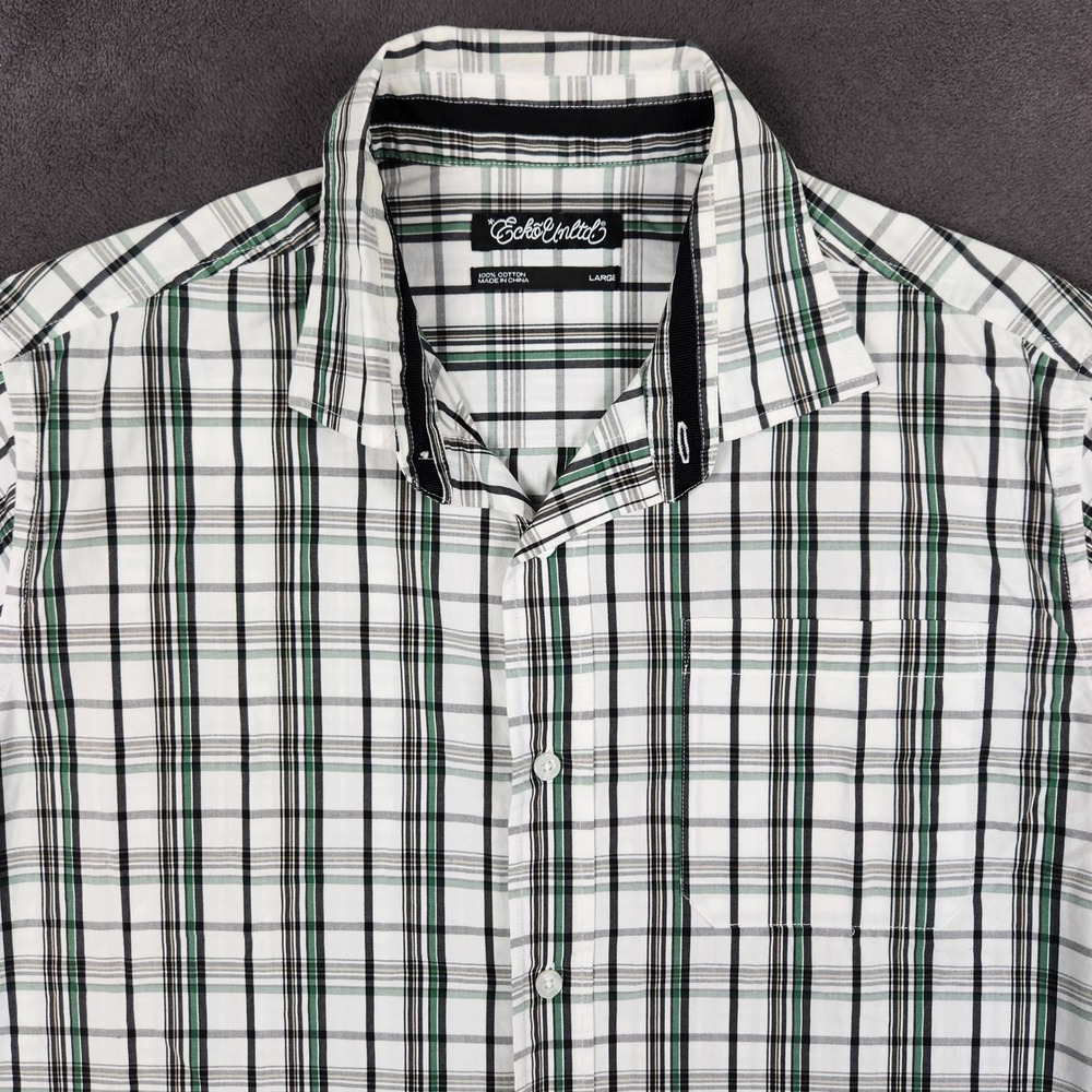 Ecko Unltd Shirt Mens Large White Green Plaid Short Sleeve Button Down Casual